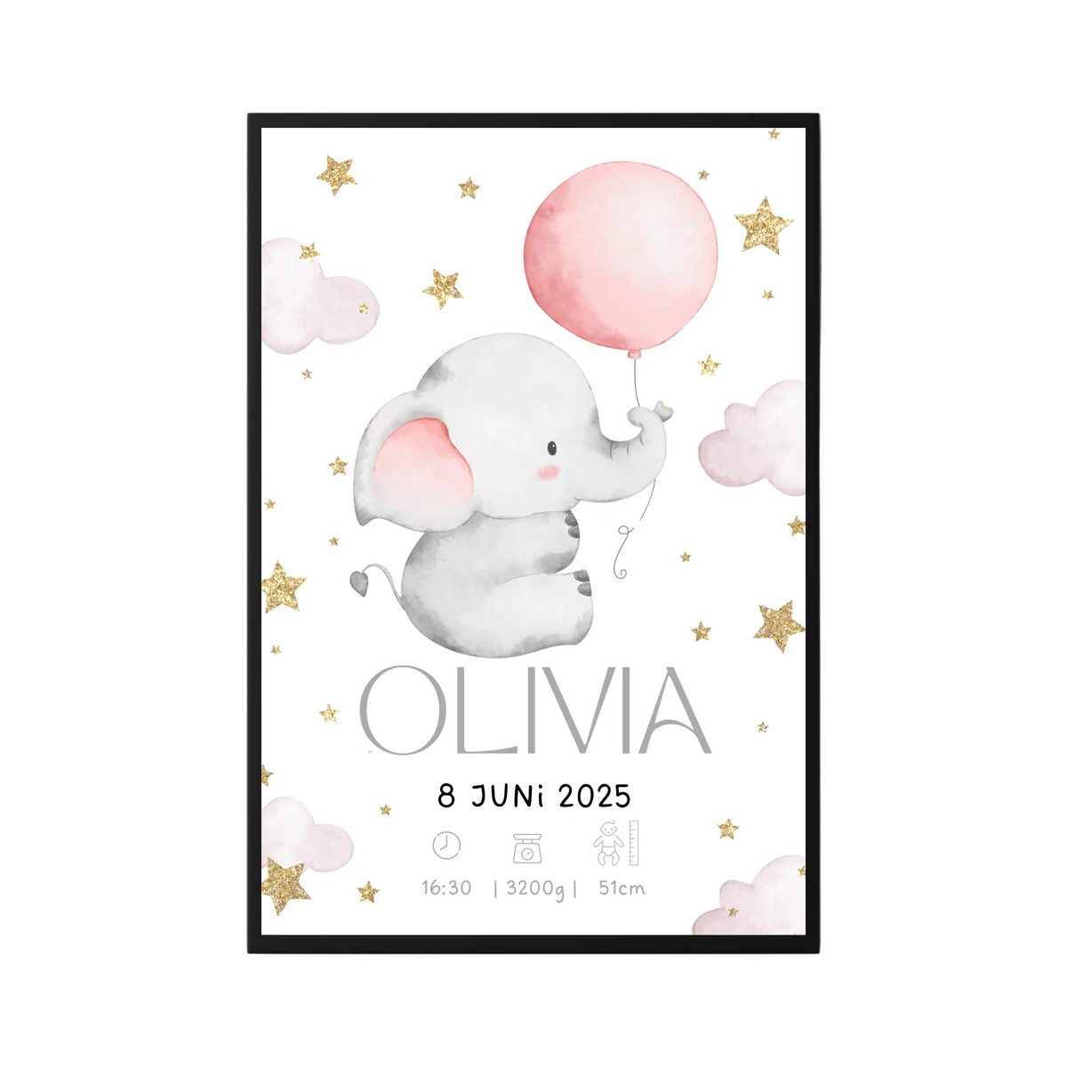 Geburt Poster Elefant Rosa für Mädchen 