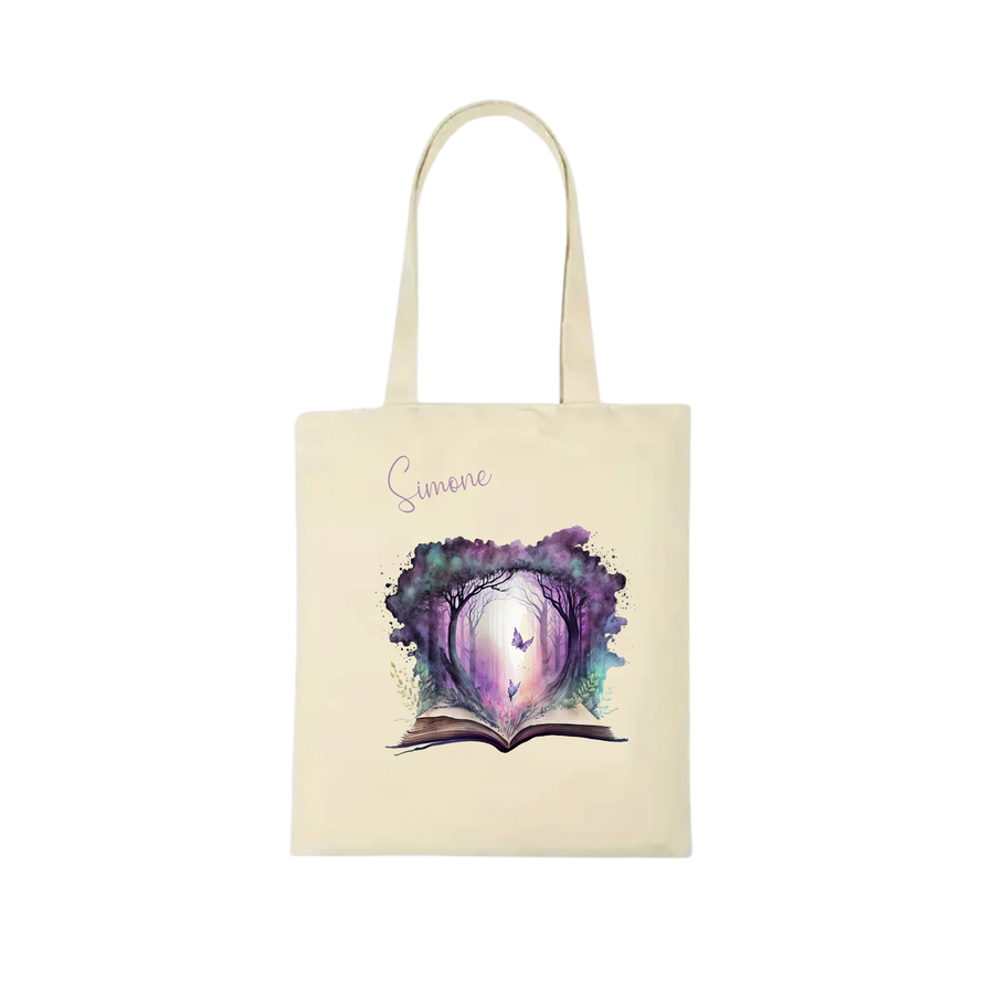 Bookbag Buchtasche - Zauberwald mit Schmetterling 100%Baumwolle Personalisierbar