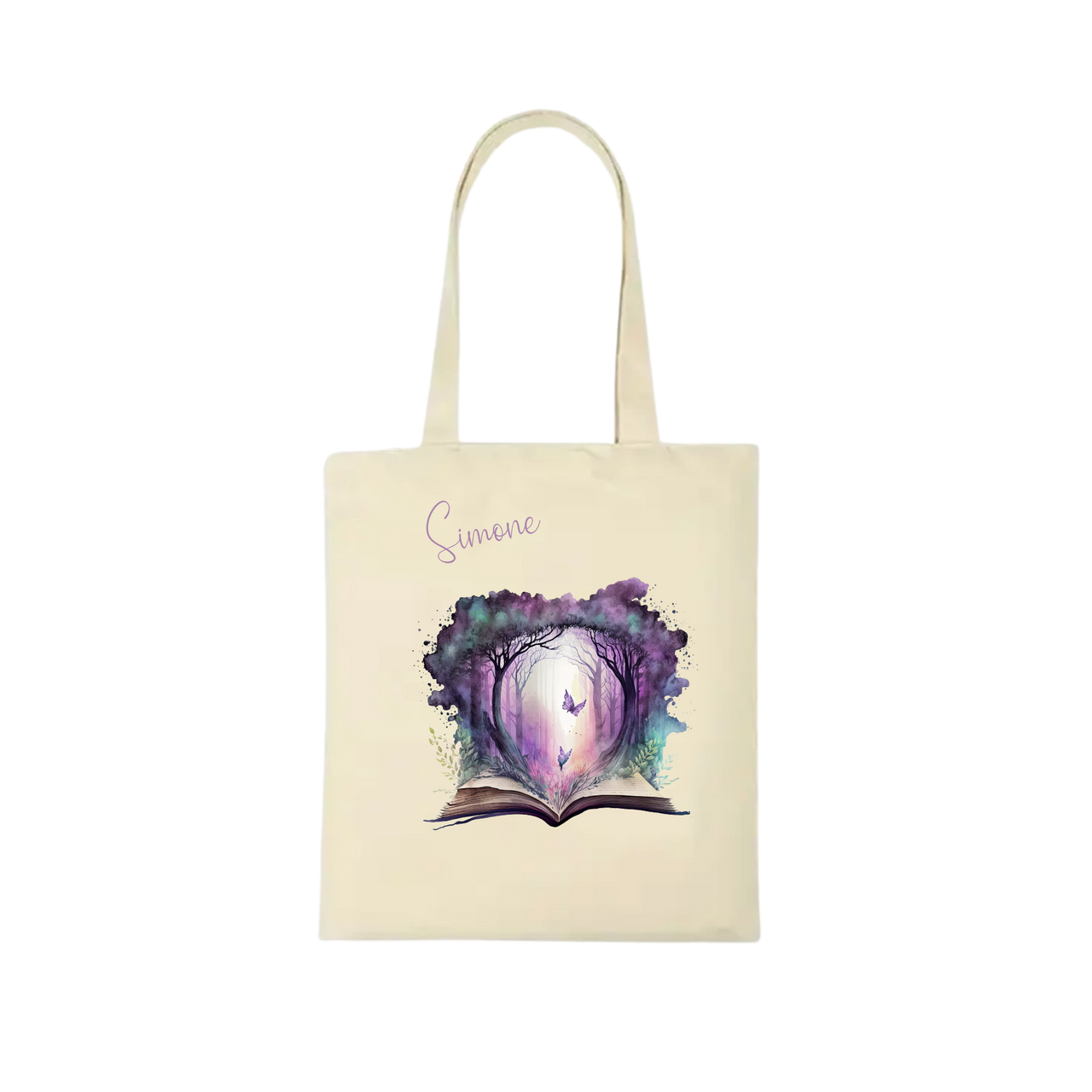 Bookbag Buchtasche - Zauberwald mit Schmetterling 100%Baumwolle Personalisierbar