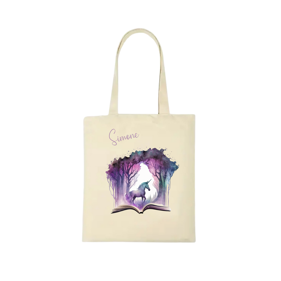 Bookbag Buchtasche - Zauberwald mit Einhorn 100%Baumwolle Personalisierbar