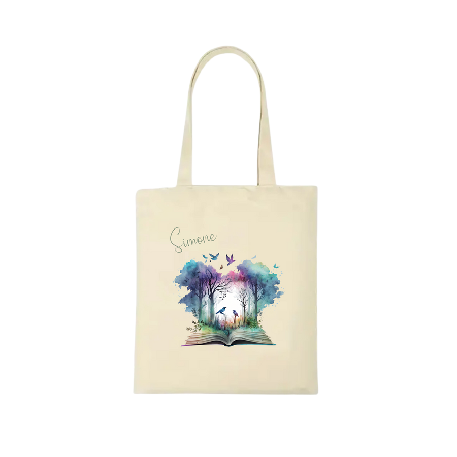 Bookbag Buchtasche - Zauberwald Vögel 100%Baumwolle Personalisierbar