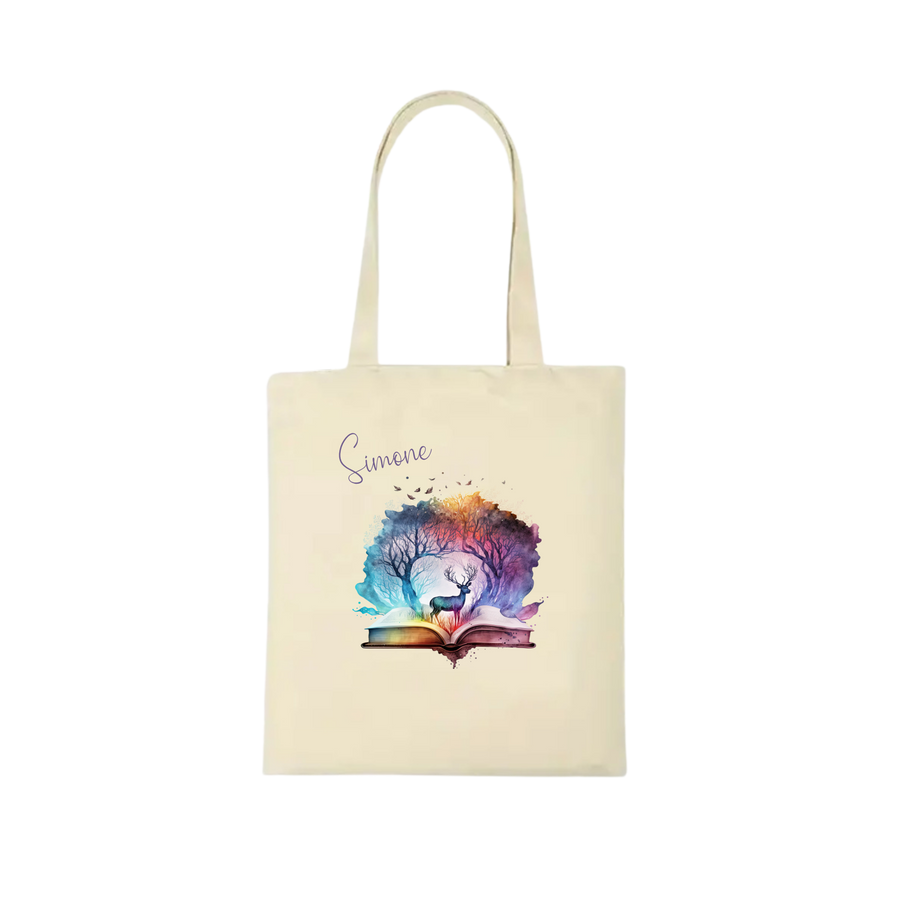 Bookbag Buchtasche - Zauberwald Hirsch 100%Baumwolle Personalisierbar