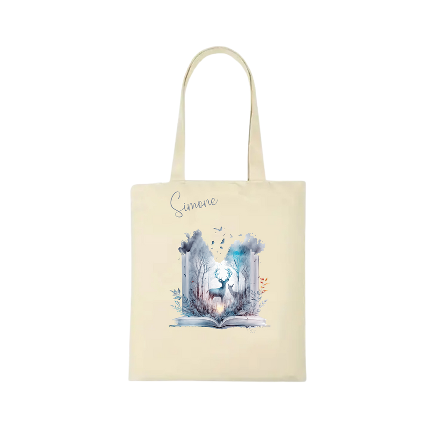 Bookbag Buchtasche -Hirsch im Wald 100%Baumwolle Personalisierbar