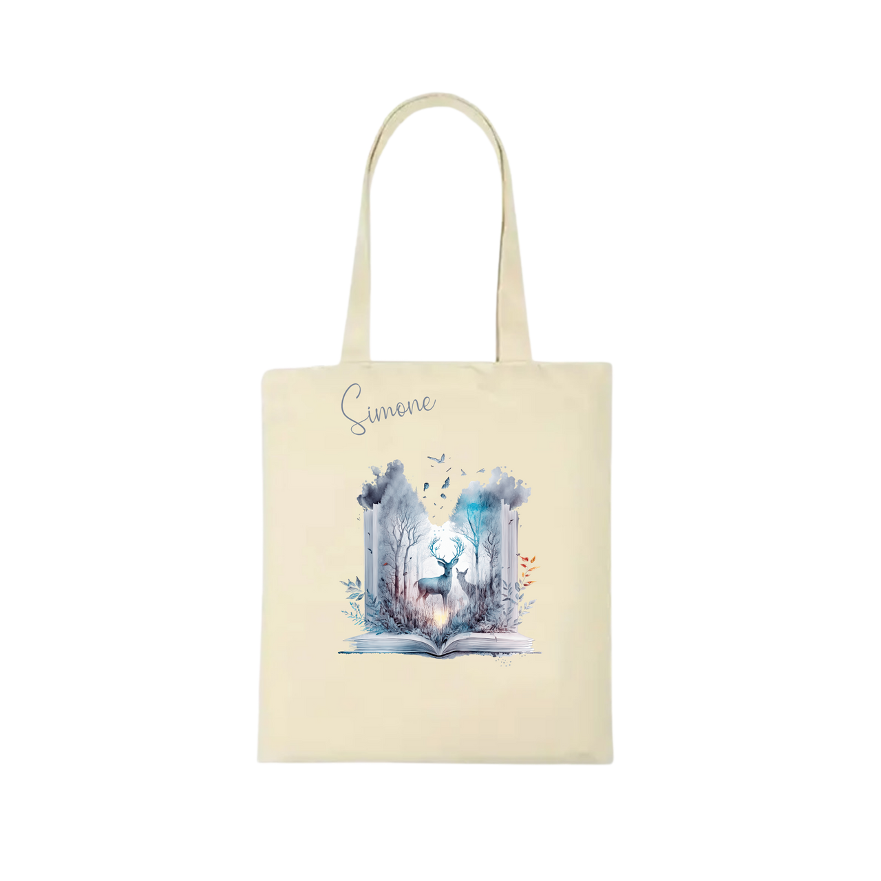 Bookbag Buchtasche -Hirsch im Wald 100%Baumwolle Personalisierbar