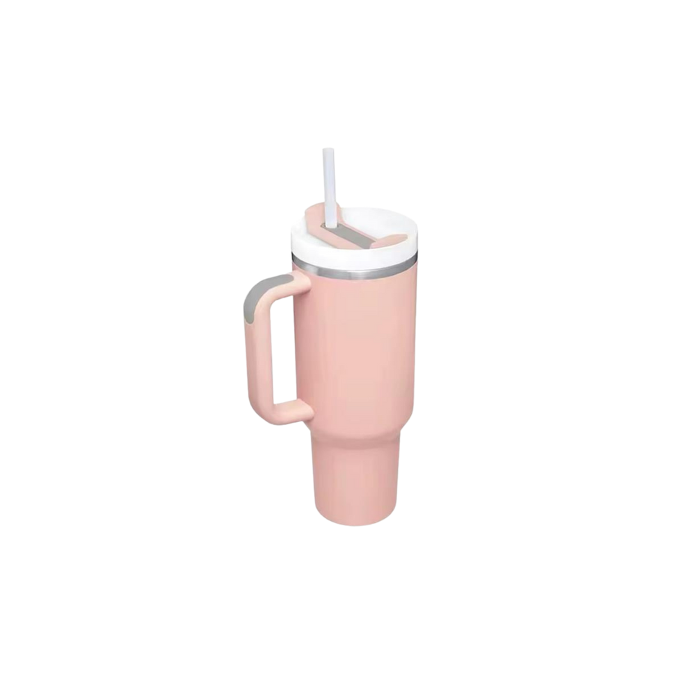 Rosa Thermobecher 1,2 L im Stanley Style mit Henkel und Strohhalm