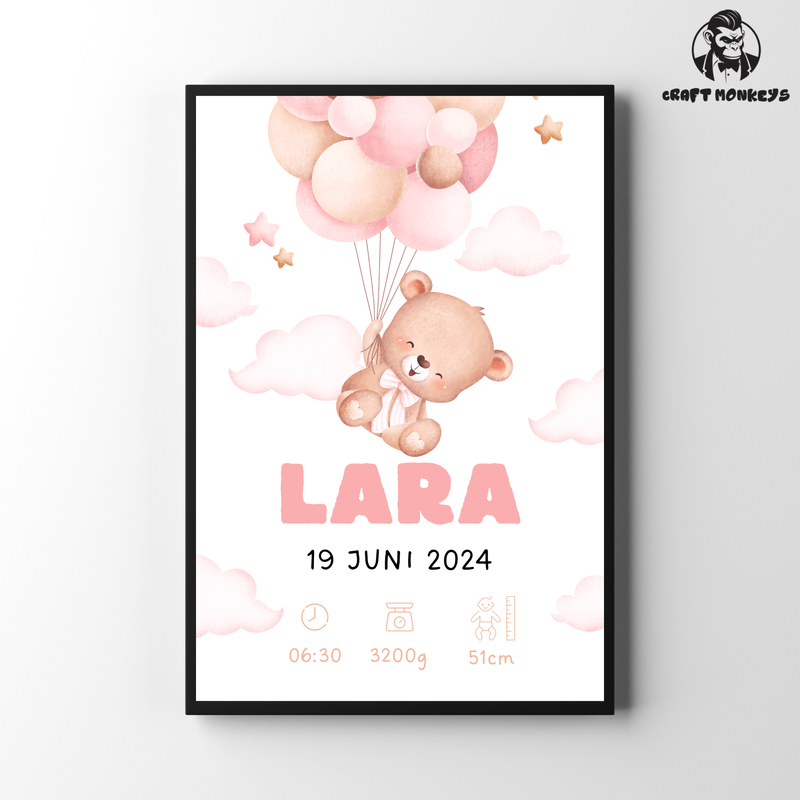 Geburts Poster Personalisiertes  – Teddybär mit Ballons (Mädchen)