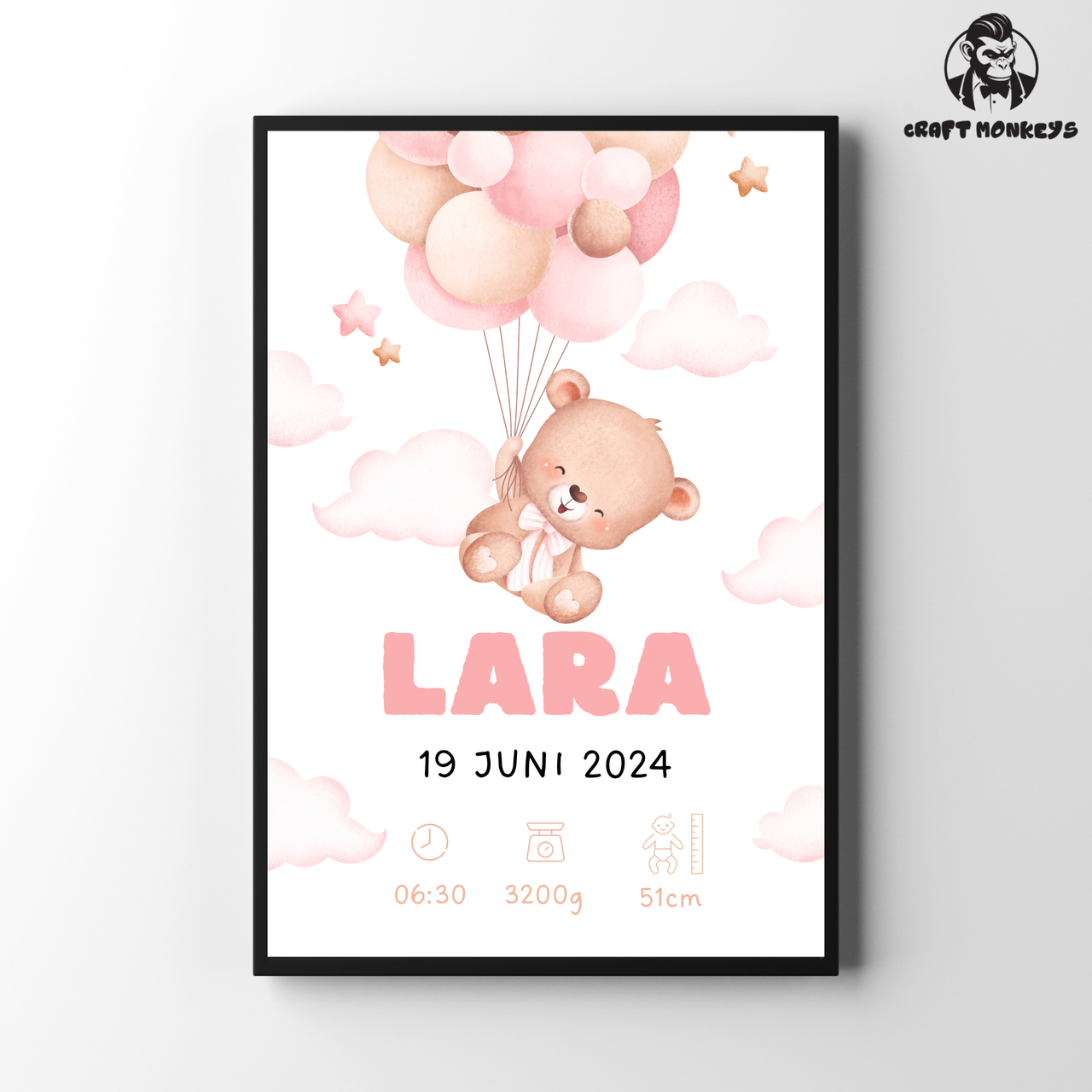 Geburts Poster Personalisiertes  – Teddybär mit Ballons (Mädchen)