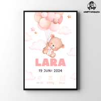 Thumbnail for Geburts Poster Personalisiertes  – Teddybär mit Ballons (Mädchen)