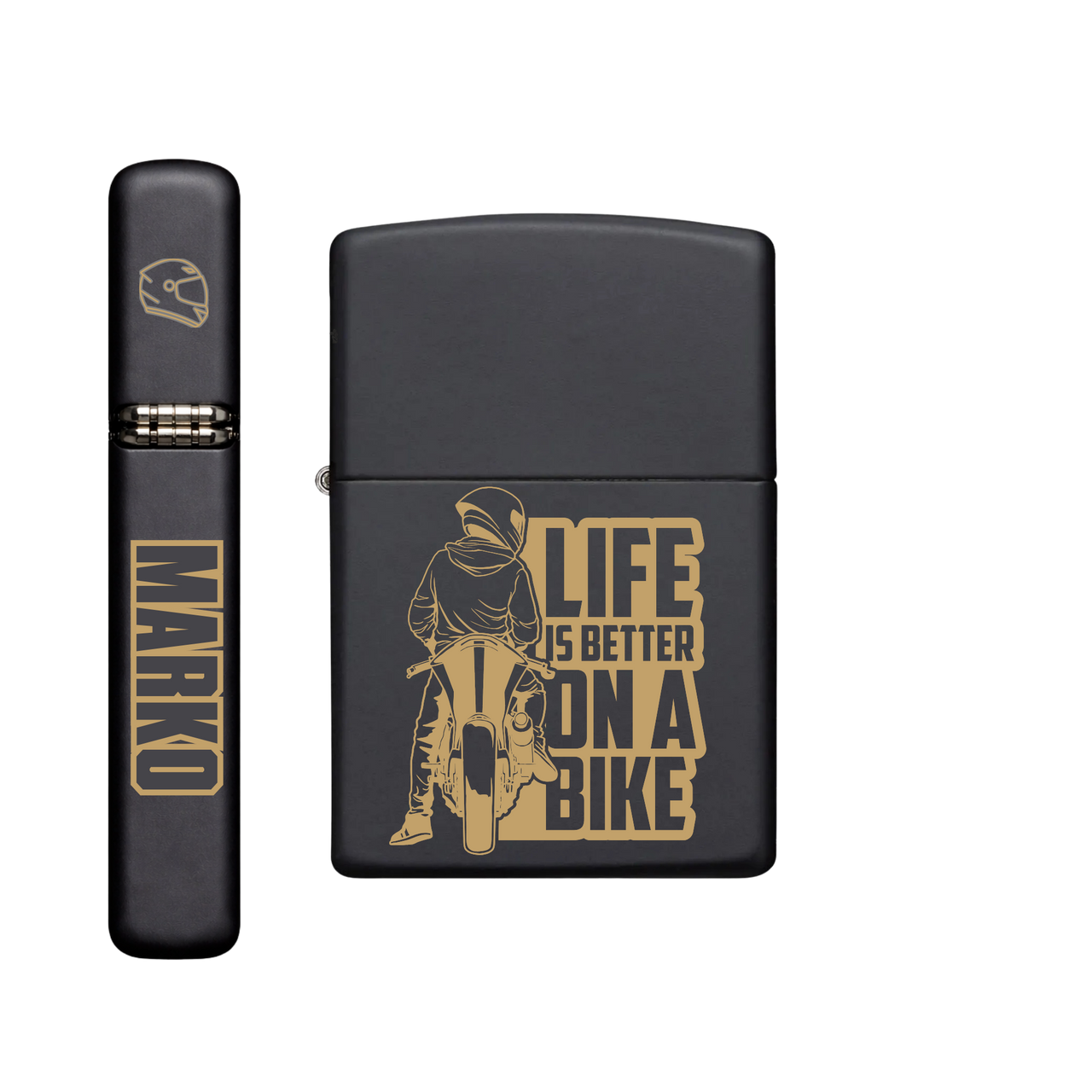 Zippo Feuerzeug personalisiert mit goldener Gravur - Motorrad Life is better on a Bike