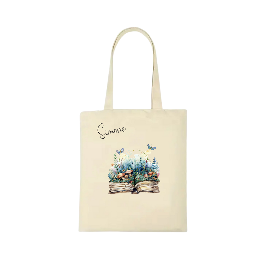 Bookbag Buchtasche - Buch mit Pilzen 100%Baumwolle Personalisierbar