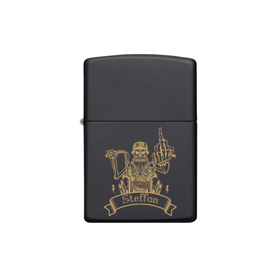 Zippo Feuerzeug personalisiert mit goldener Gravur - Motorradfahrer Totenkopf mit Bart