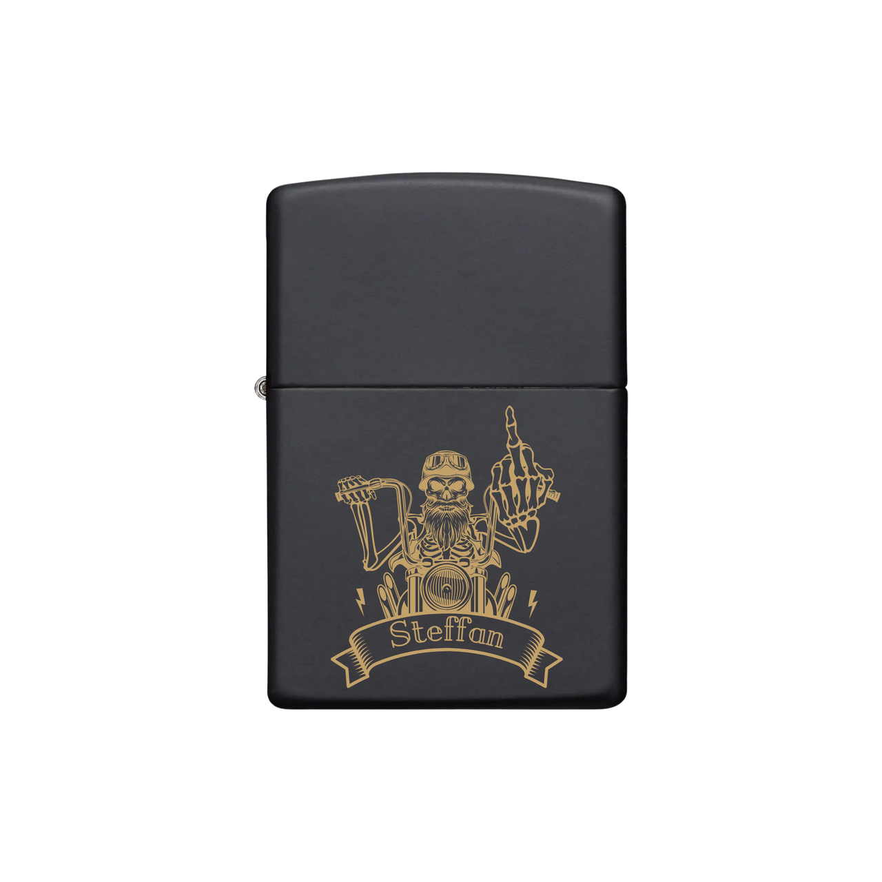 Zippo Feuerzeug personalisiert mit goldener Gravur - Motorradfahrer Totenkopf mit Bart