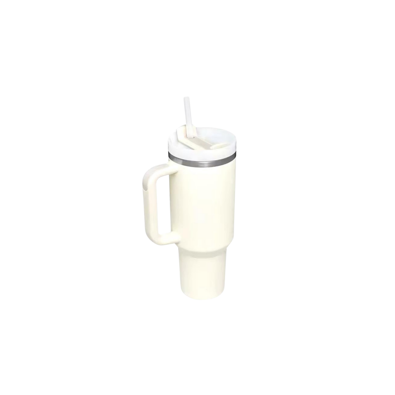 Weisser Thermobecher 1,2 L im Stanley Style mit Henkel und Strohhalm
