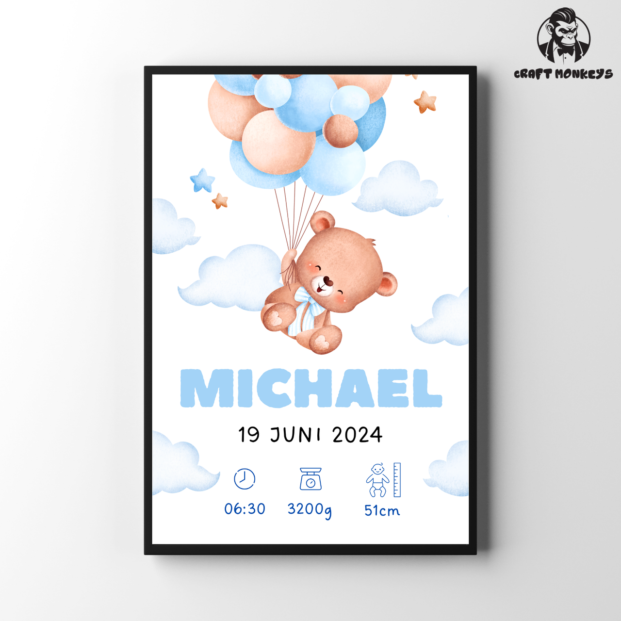 Geburts Poster Personalisiertes  – Teddybär mit Ballons (Junge)