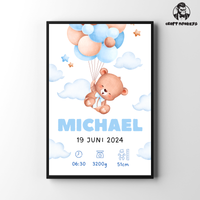Thumbnail for Geburts Poster Personalisiertes  – Teddybär mit Ballons (Junge)