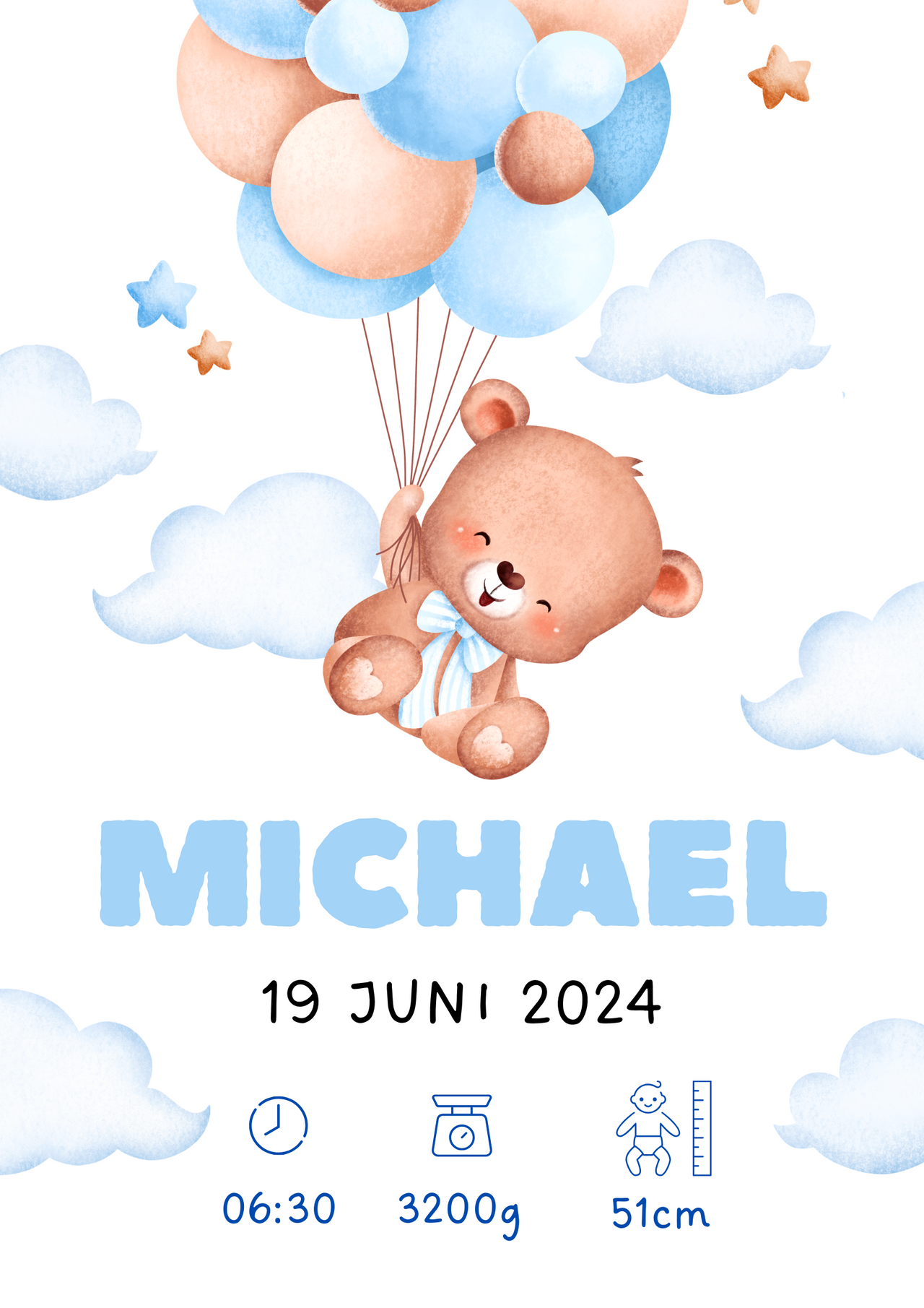 Geburts Poster Personalisiertes  – Teddybär mit Ballons (Junge)