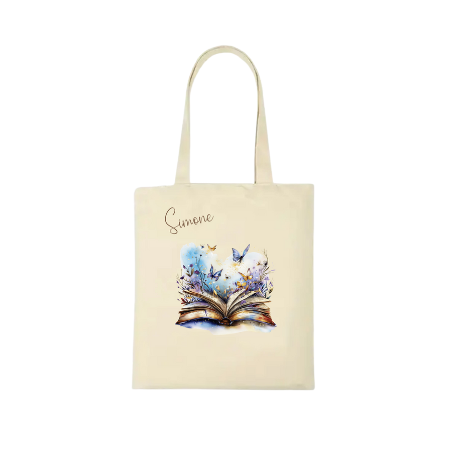 Bookbag Buchtasche - Schmetterling Buch 100%Baumwolle Personalisierbar