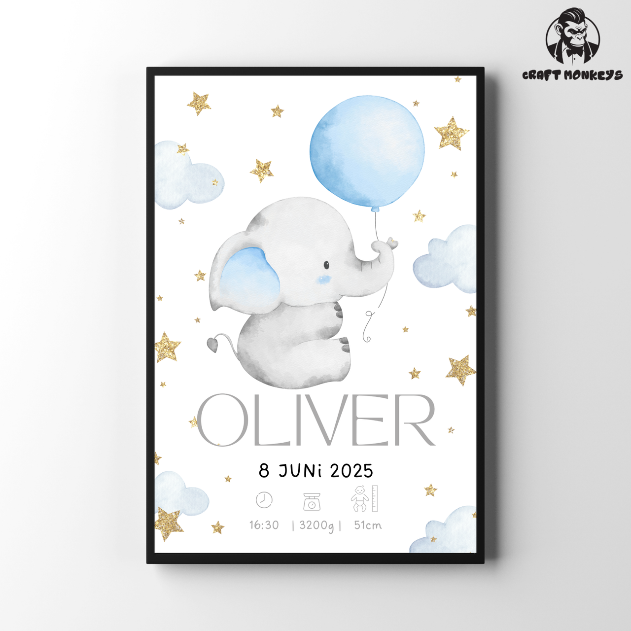 Geburts Poster Personalisiertes  –  Elefant  mit Ballons (Junge)