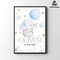 Thumbnail for Geburts Poster Personalisiertes  –  Elefant  mit Ballons (Junge)
