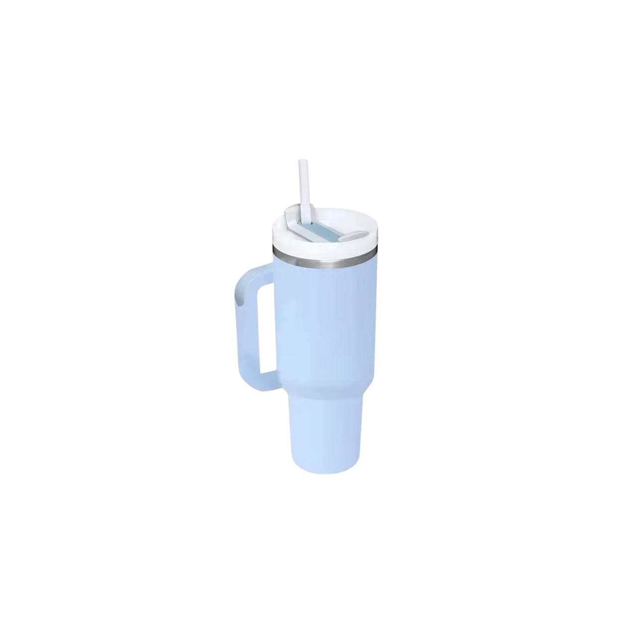 Hellblauer Thermobecher 1,2 L im Stanley Style mit Henkel und Strohhalm