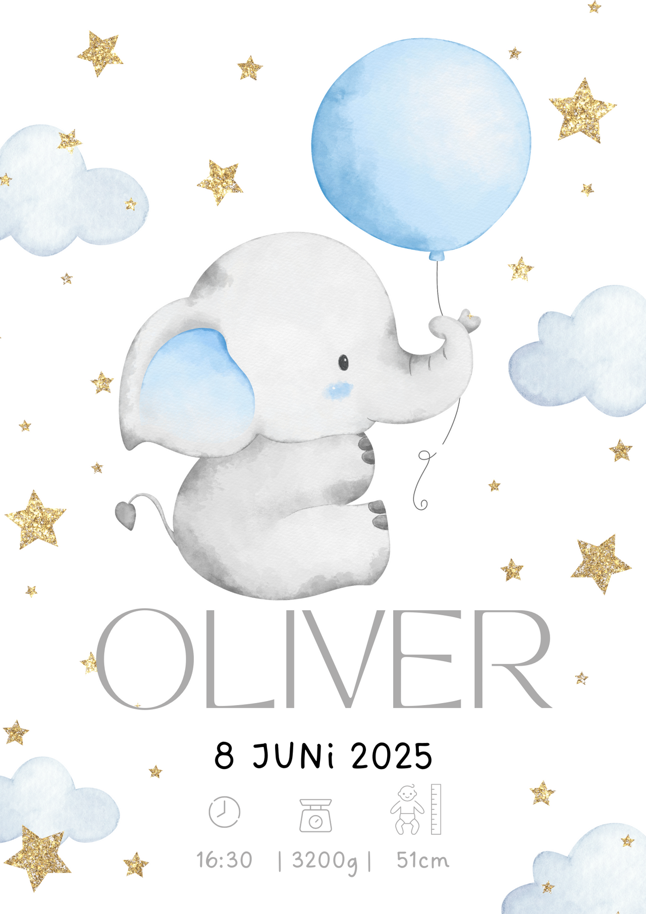 Geburts Poster Personalisiertes  –  Elefant  mit Ballons (Junge)