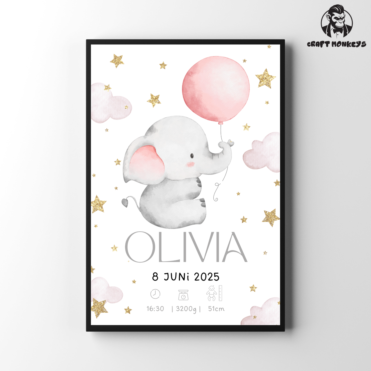 Geburts Poster Personalisiertes  –  Elefant  mit Ballons (Mädchen)