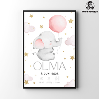 Thumbnail for Geburts Poster Personalisiertes  –  Elefant  mit Ballons (Mädchen)