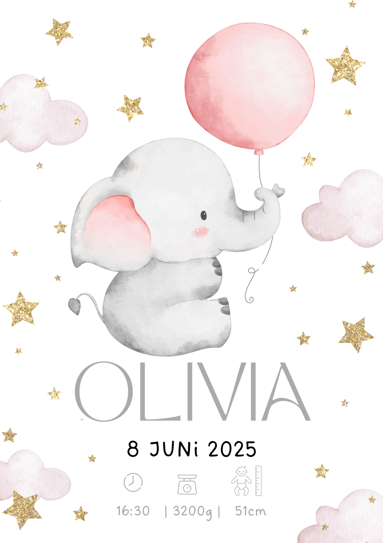 Geburts Poster Personalisiertes  –  Elefant  mit Ballons (Mädchen)