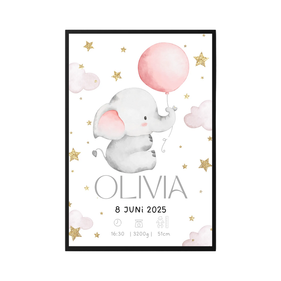 Geburt Poster Elefant Rosa für Mädchen 