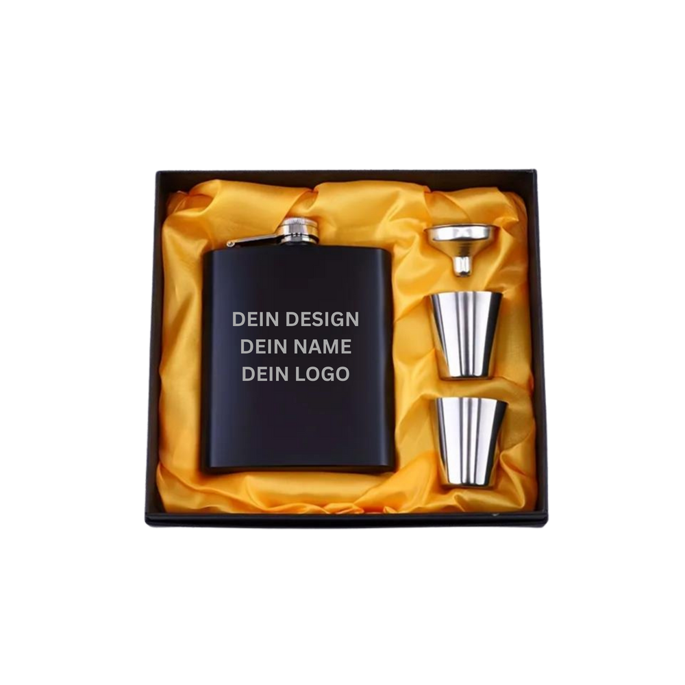 Personalisierter Flachmann 180 ml mit Gravur im Geschenkset mit Bechern und Trichter