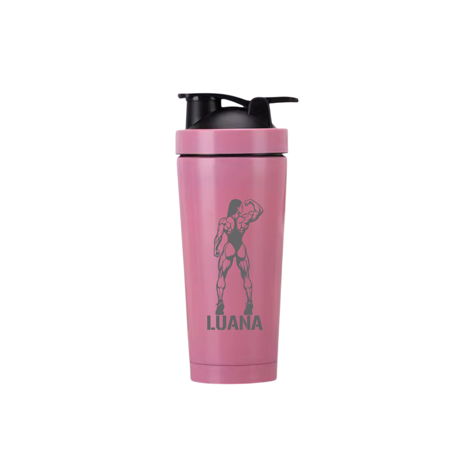 Rosa Edelstahl-Proteinshaker mit Bodybuilderin-Motiv 1 und Gravur