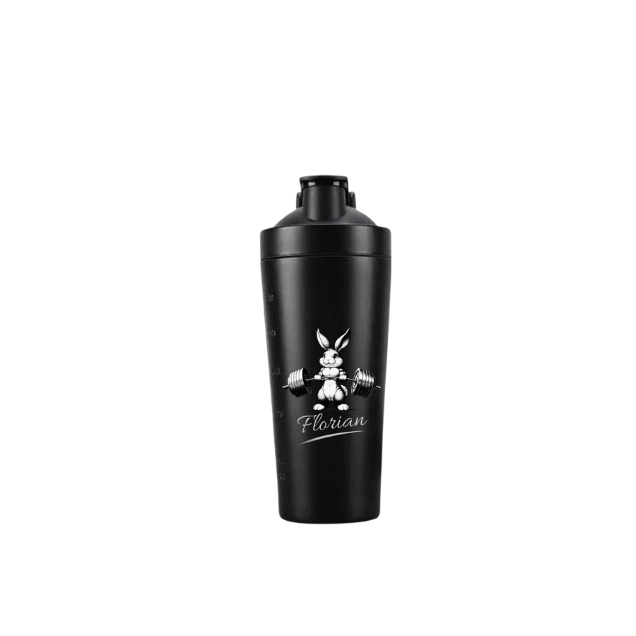Personalisierter Proteinshaker mit Hasen- und Hantel-Motiv