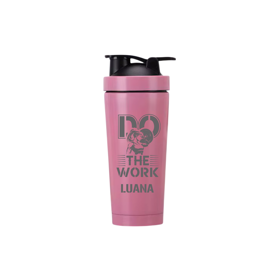 Rosa Edelstahl-Proteinshaker mit Do-The-Work-Motiv und Gravur