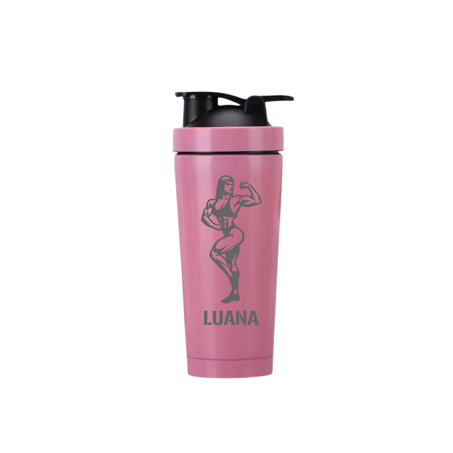 Rosa Edelstahl-Proteinshaker mit Bodybuilderin-Motiv 3 und Gravur