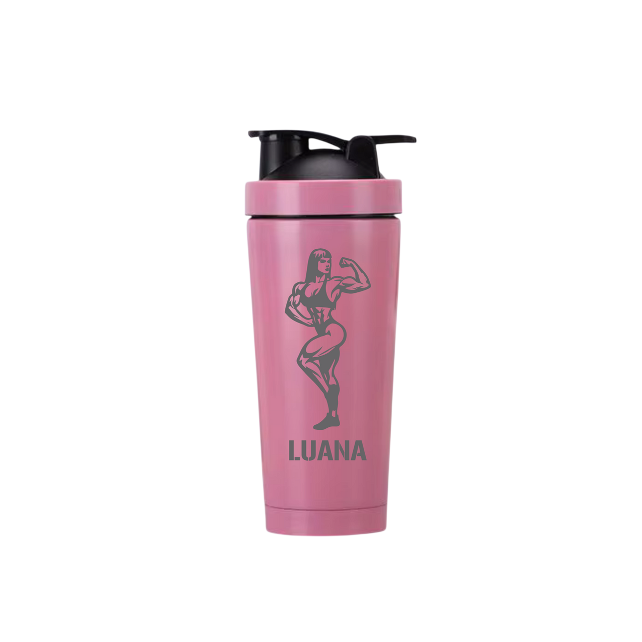 Edelstahl Protein Shaker Bodybuilderin 3 Rosa – Personalisiert mit Gravur
