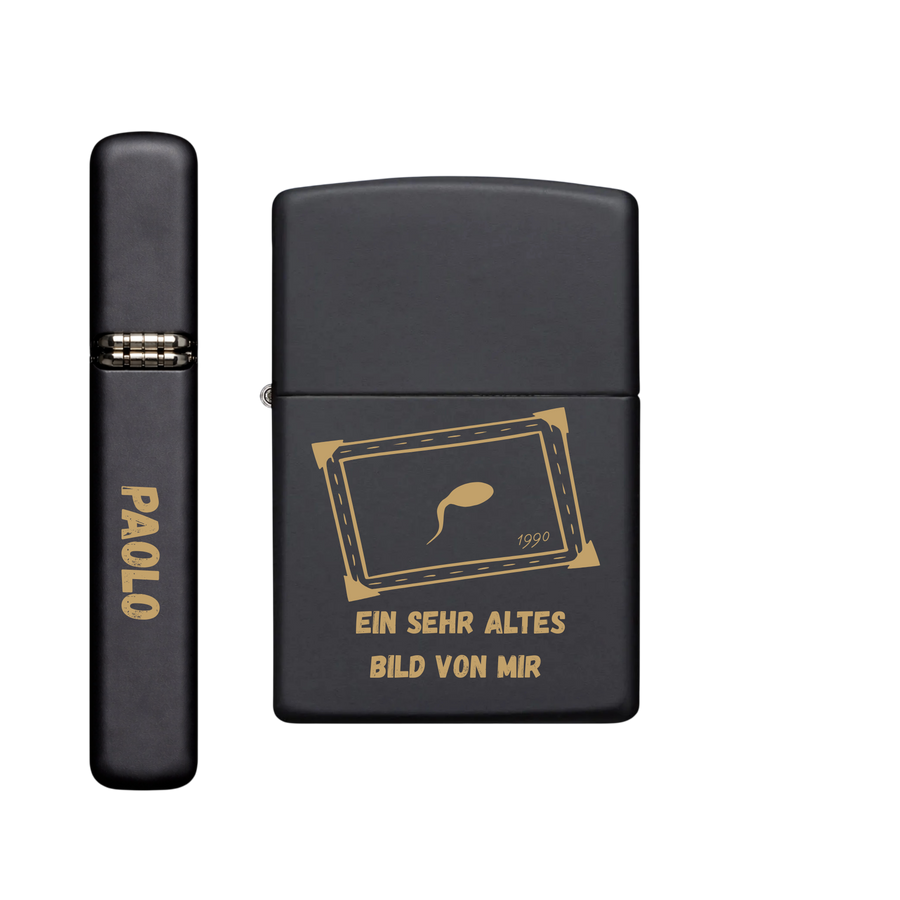 Personalisiertes schwarzes Zippo-Feuerzeug mit Namensgravur und lustigem Retro-Design