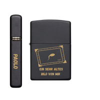 Thumbnail for Personalisiertes schwarzes Zippo-Feuerzeug mit Namensgravur und lustigem Retro-Design
