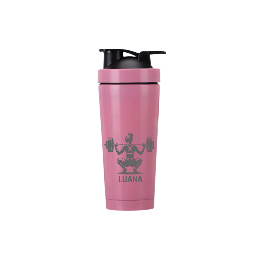 Rosa Edelstahl-Proteinshaker mit Fokus-Motiv und Gravur