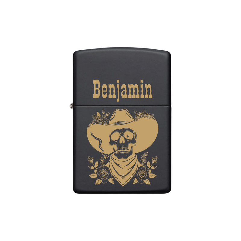 Zippo Feuerzeug personalisiert mit goldener Gravur - Cowboy Totenkopf