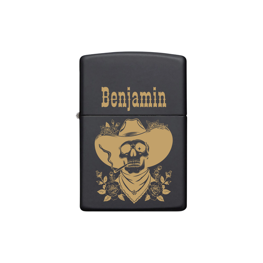 Zippo Feuerzeug personalisiert mit goldener Gravur - Cowboy Totenkopf