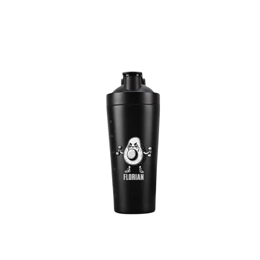 Personalisierter Proteinshaker mit Avocado- und Hantel-Motiv
