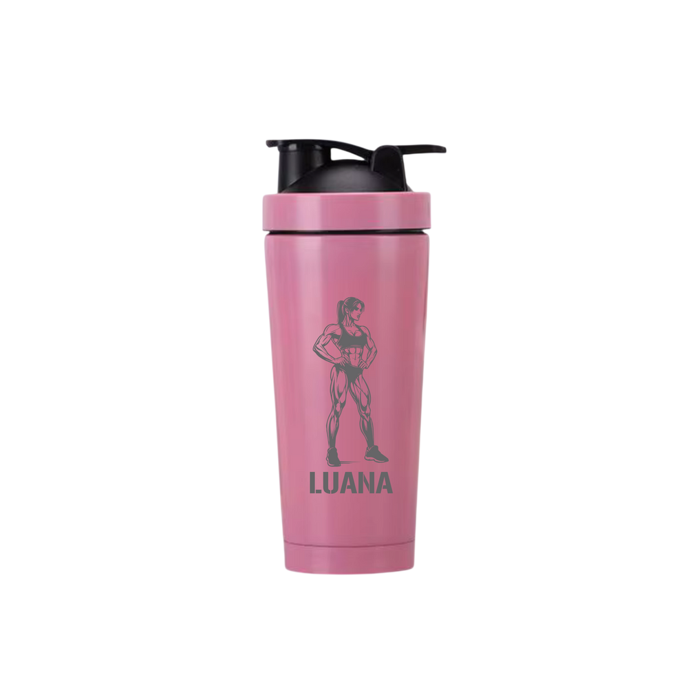 Rosa Edelstahl-Proteinshaker mit Bodybuilderin-Motiv 2 und Gravur