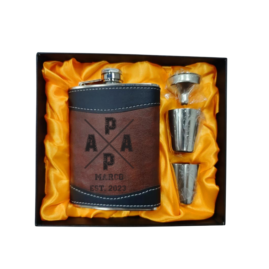 Flachmann Leder PAPA Geschenkset mit Becher und Trichter