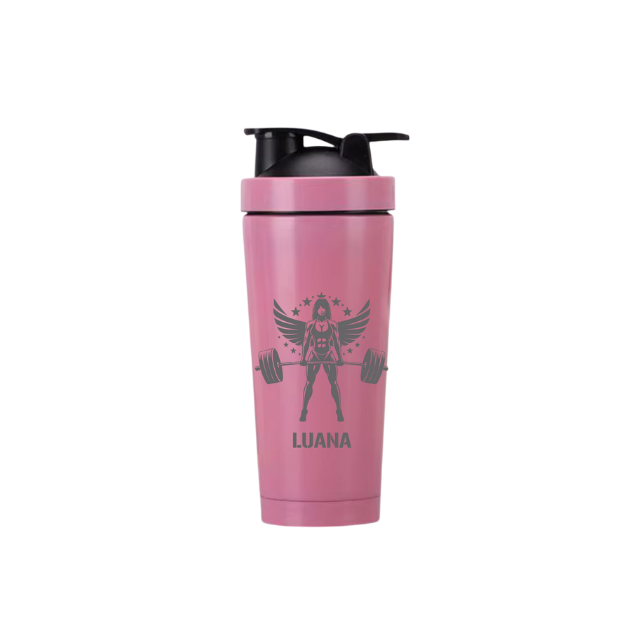 Rosa Edelstahl-Proteinshaker mit Engel-Motiv und Gravur