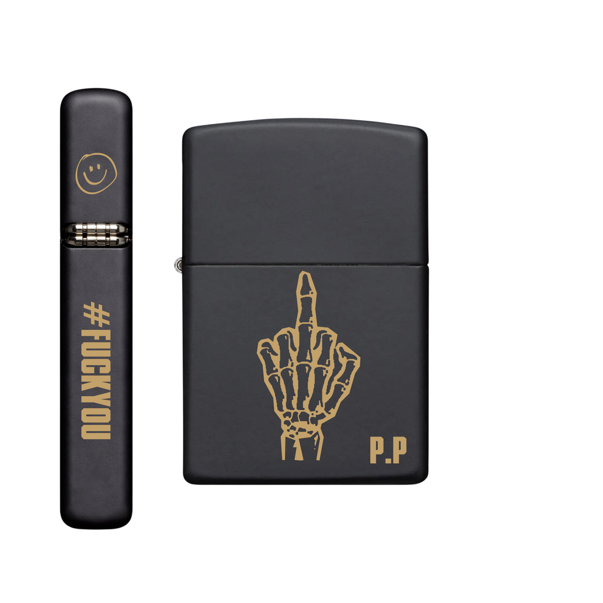 Zippo Feuerzeug personalisiert mit goldener Gravur - Mittelfinger und Initialen
