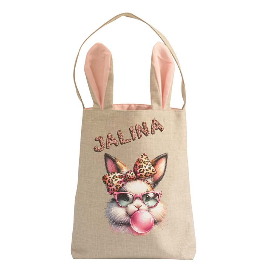 Personalisierte Jutetasche mit Hasenohren - Hase mit Kaugummi