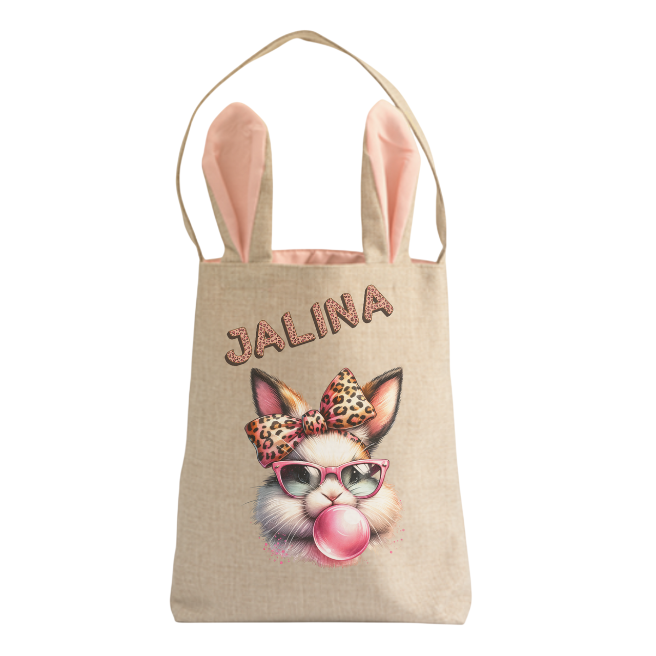 Personalisierte Jutetasche mit Hasenohren - Hase mit Kaugummi