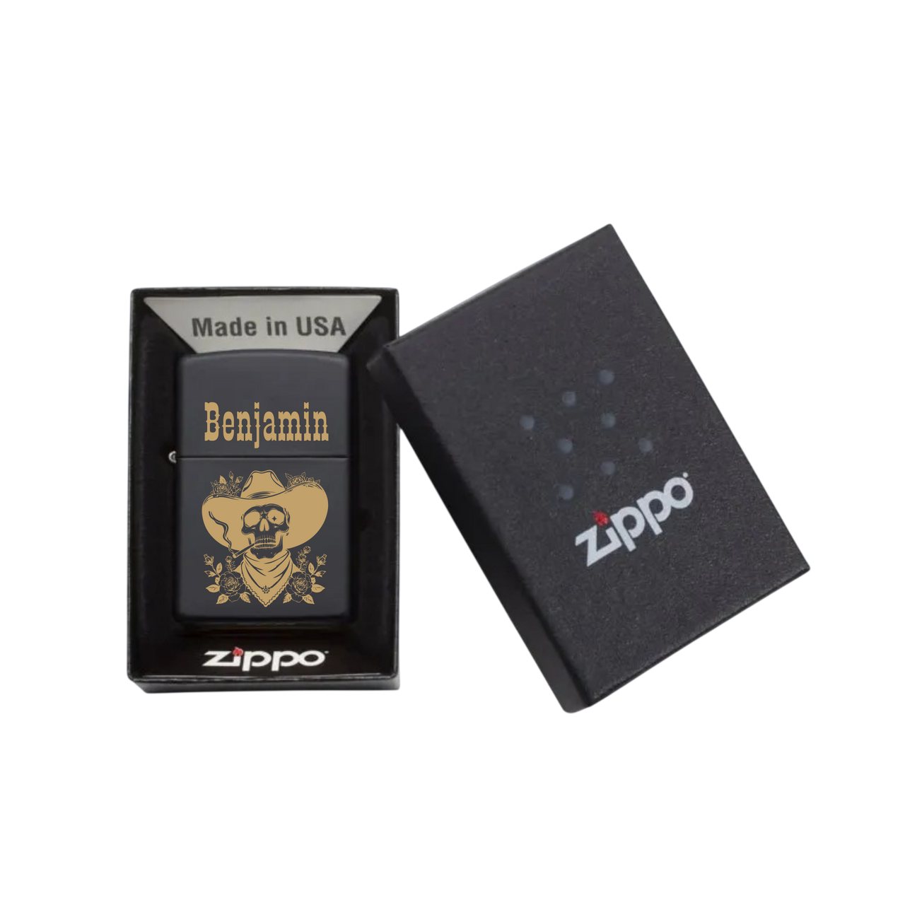 Zippo Feuerzeug personalisiert mit goldener Gravur - Cowboy Totenkopf