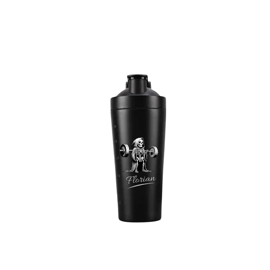 Personalisierter Proteinshaker mit Tod- und Hantel-Motiv