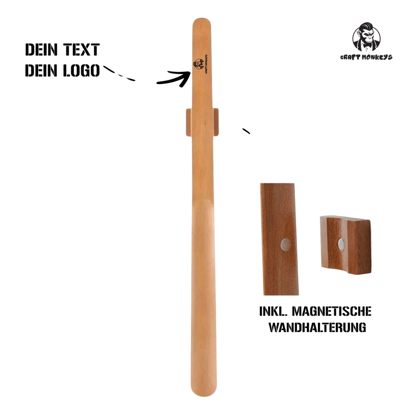 Schuhlöffel aus Buche Personalisierbarer  (55 cm) – inkl. magnetischer Wandhalterung
